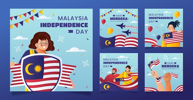 Gratis vector verloop instagram posts collectie voor de viering van de onafhankelijkheidsdag van maleisië