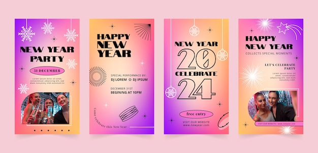 Gratis vector verloop instagram verhalencollectie voor de viering van het nieuwe jaar 2024