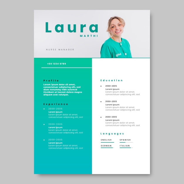 Gratis vector verloop moderne verpleegster laura cv-sjabloon