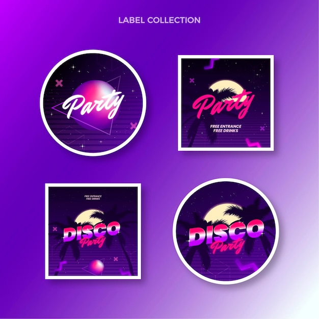 Gratis vector verloop retro vaporwave disco feestlabels collectie