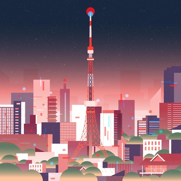 Gratis vector verloop skyline van tokyo met neonlichten