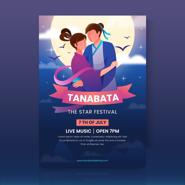 Verloop tanabata poster sjabloon met omarmd paar bij volle maan