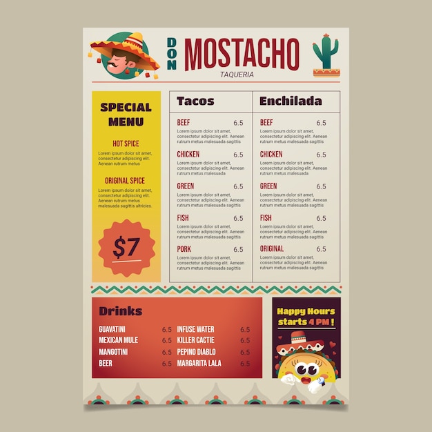 Verloop taqueria menu ontwerp