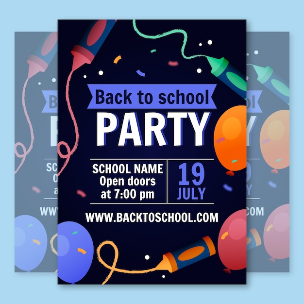 Gratis vector verloop terug naar schoolfeest verticale postersjabloon met ballonnen