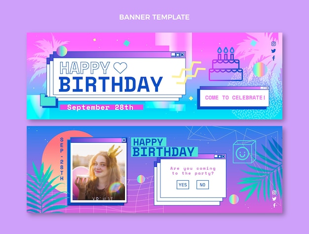 Verloop vaporwave verjaardag horizontale banners