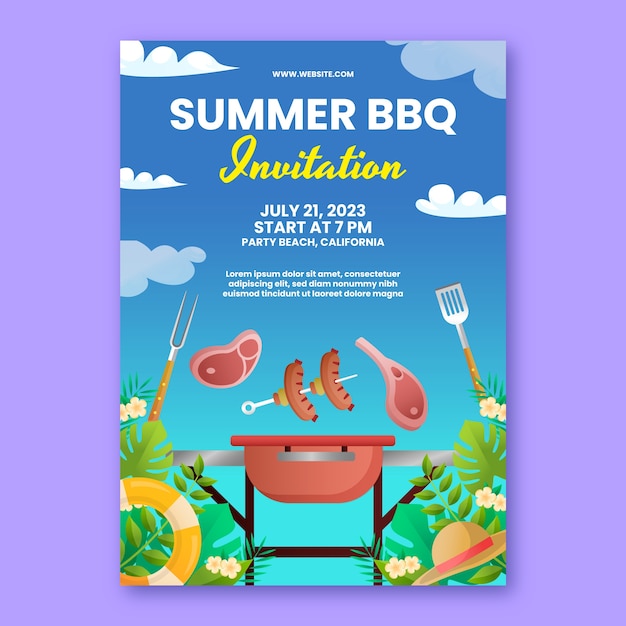 Gratis vector verloop zomer bbq-uitnodigingssjabloon met grill