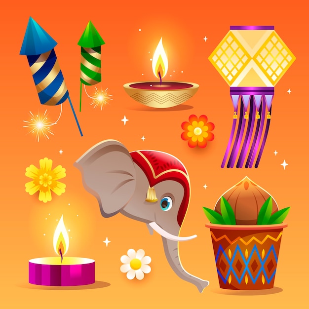 Gratis vector verloopelementencollectie voor diwali hindoe-festivalviering