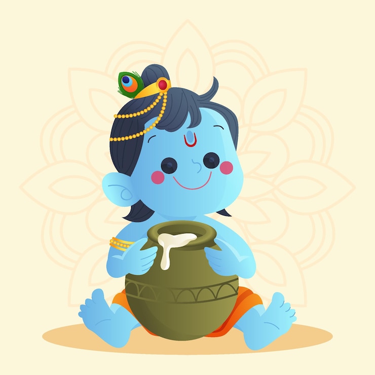 Gratis Vector verloopillustratie van baby krishna die boter eet