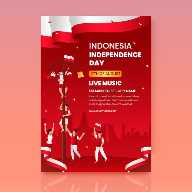 Gratis vector verlooppostersjabloon voor de viering van de onafhankelijkheidsdag van indonesië