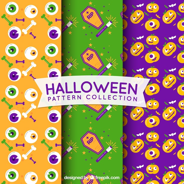 Verpakking van drie halloween patronen in plat ontwerp