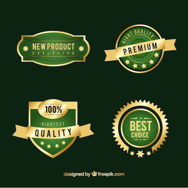 Gratis vector verpakking van groene en gouden premium stickers