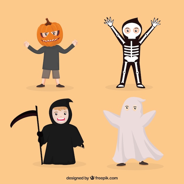 Gratis vector verpakking van vier halloween kostuums