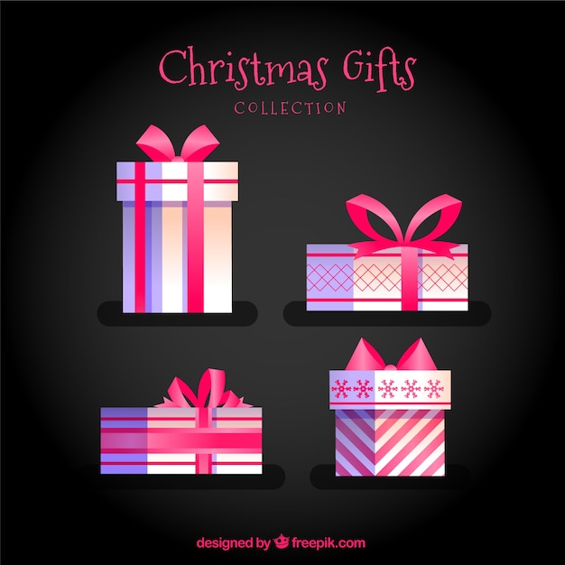 Gratis vector verpakking van vier kerstcadeaus in plat ontwerp