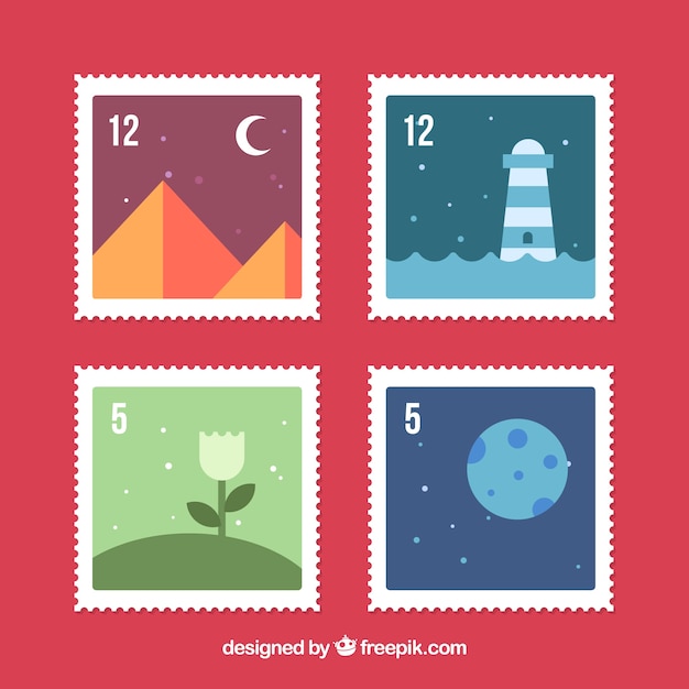 Gratis vector verpakking van vier postzegels met landschappen in plat ontwerp