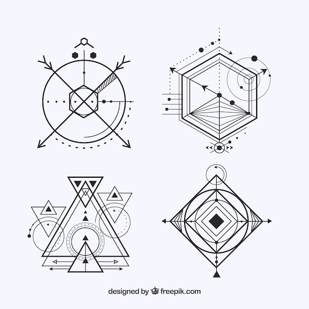 Gratis vector verpakking van vier tatoeages met geometrische vormen