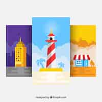 Gratis vector verpakking van wallpapers met vuurtoren en andere elementen