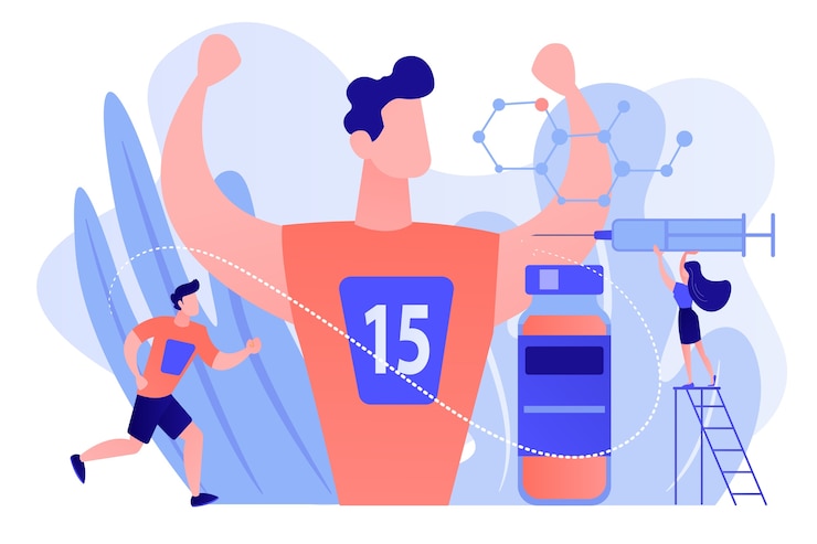 Gratis Vector verpleegster met spuit die een dopinginjectie doet voor kampioene atleet, kleine mensen. doping test, prestatiebevorderende middelen, dopinggebruik in sportconcept. roze koraal bluevector geïsoleerde illustratie