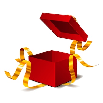 Verras open rode geschenkdoos voor verjaardagsfeest of speciaal weggeefpakket, wondergeschenk met gouden lint. vectorillustratie geïsoleerd op een witte achtergrond