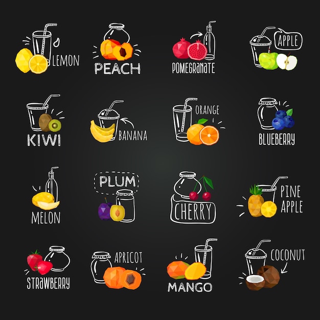 Vers fruit kleurrijke schoolbord Icons Set