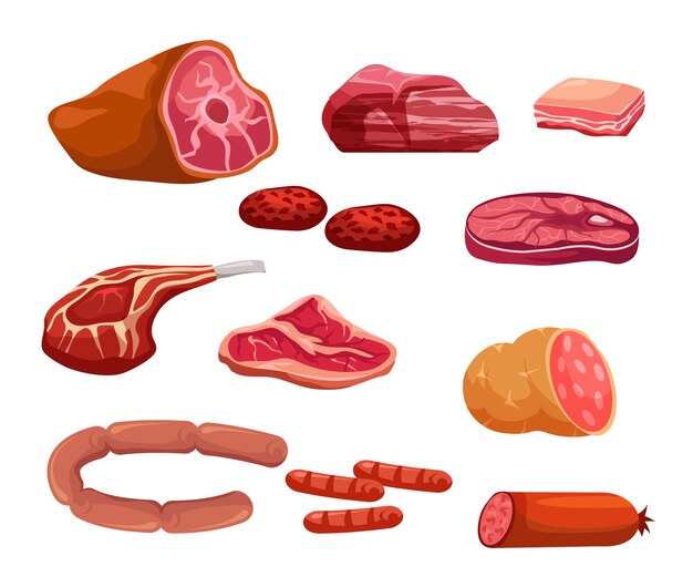 Vers vlees cartoon kleur illustraties set Slagerij assortiment worstjes gesneden salami varkensvlees spek ham