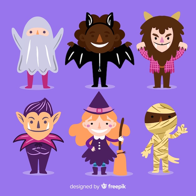 Gratis vector verscheidenheid aan bekende halloween-monsterkostuums voor kinderen