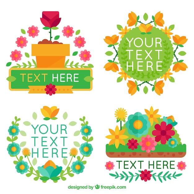 Gratis vector verscheidenheid aan gekleurde etiketten met bloemen in plat ontwerp