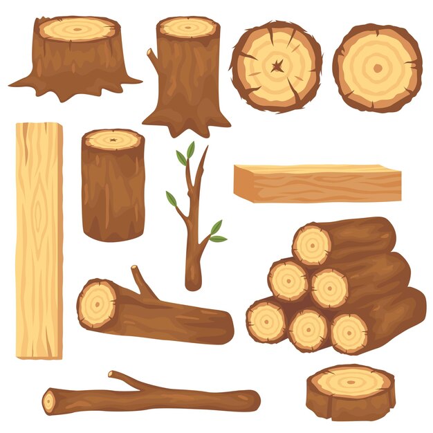 Verscheidenheid aan houtblokken en boomstammen platte afbeeldingen set