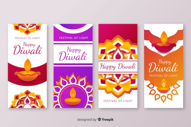 Gratis vector verscheidenheid aan ontwerpen voor diwali instagram-verhalen
