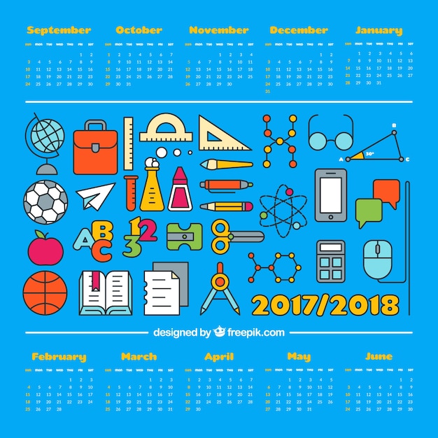 Gratis vector verscheidenheid aan schoolmaterialen en kalender