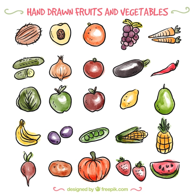 Gratis vector verscheidenheid van hand getrokken groenten en fruit