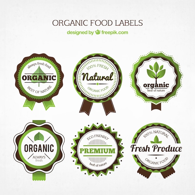 Verscheidenheid van ronde organische voedsel stickers met bruine details
