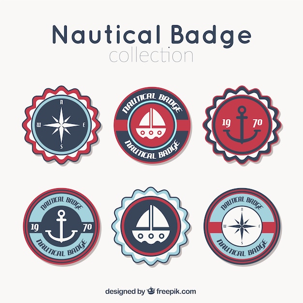 Gratis vector verscheidenheid van round nautische badges in plat design