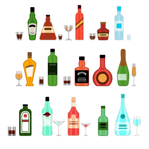 Verschillende alcoholflessen met glazen cartoon afbeelding set