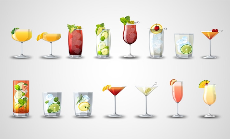 Gratis Vector verschillende cocktails in de glazen set cartoon
