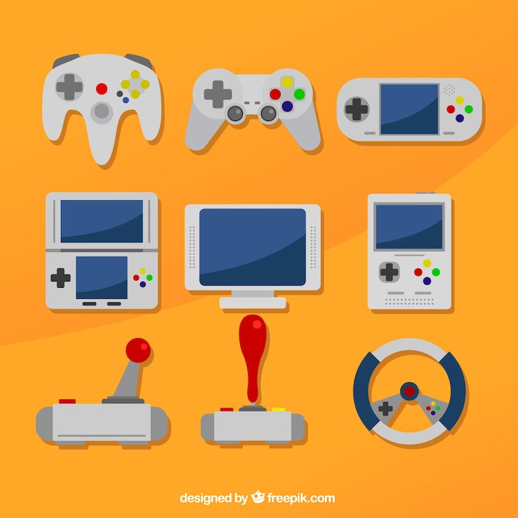 Gratis Vector verschillende consoles op een oranje achtergrond