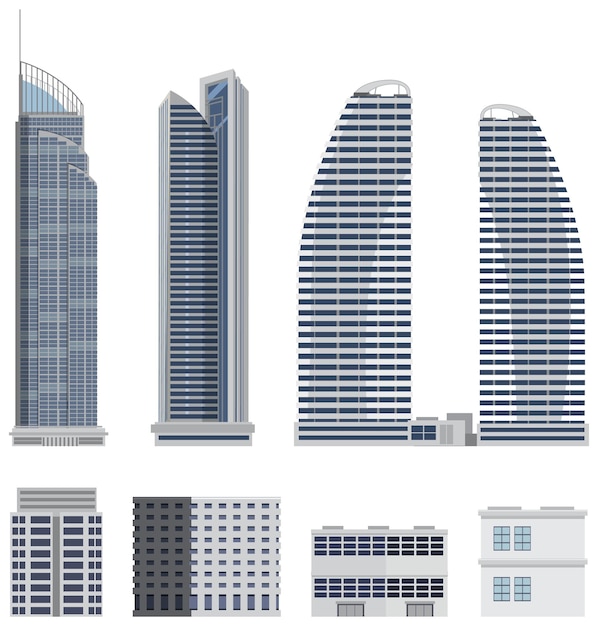 Gratis vector verschillende gebouwen die op witte achtergrond worden geplaatst