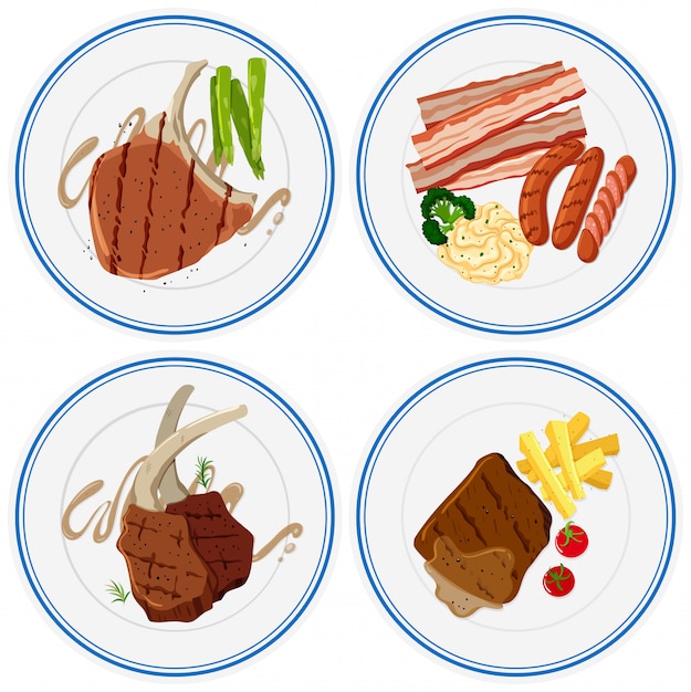Gratis vector verschillende gegrild vlees op platen