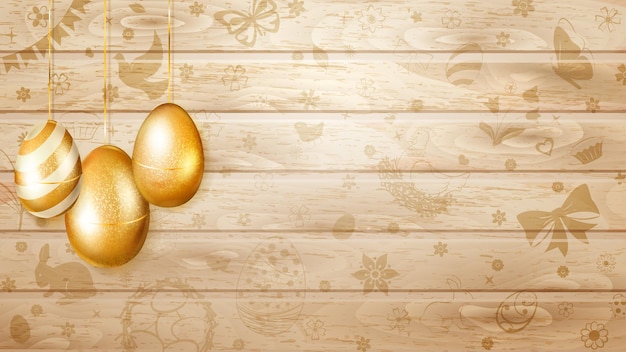 Verschillende gouden paaseieren hangen op de achtergrond van houten planken met vakantiesymbolen zoals bloemen, cakes, haas, kip, kip, boog en andere