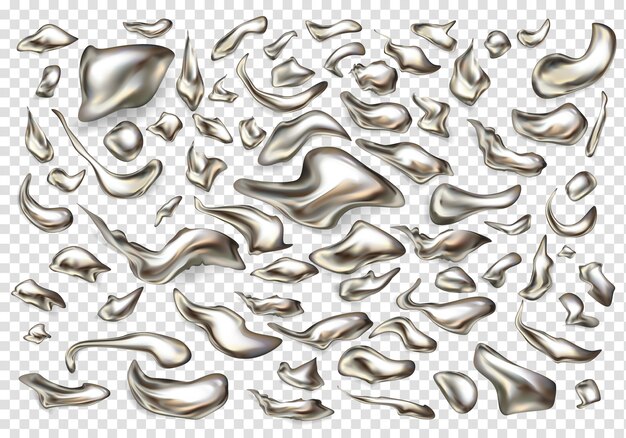 Verschillende grootte en vorm vloeibaar metaal, kostbare legering, gesmolten zilver druppels 3D-realistische vector set