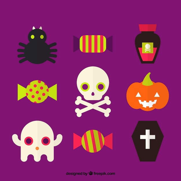 Verschillende halloween items in vlakke stijl