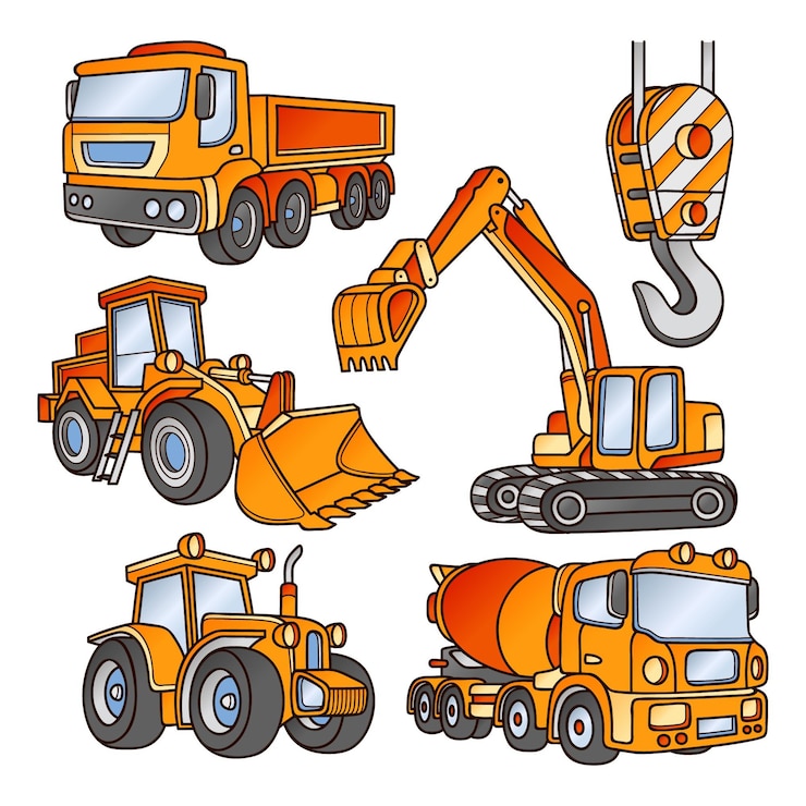 Gratis Vector verschillende hoeken en perspectieven van graafmachines