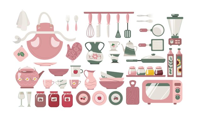 Verschillende keuken of huishoudelijke artikelen vector illustraties set. Decoratieve klei of keramisch aardewerk of servies: kopjes, borden, mokken, kommen, kruik geïsoleerd op een witte achtergrond. Keukengerei concept