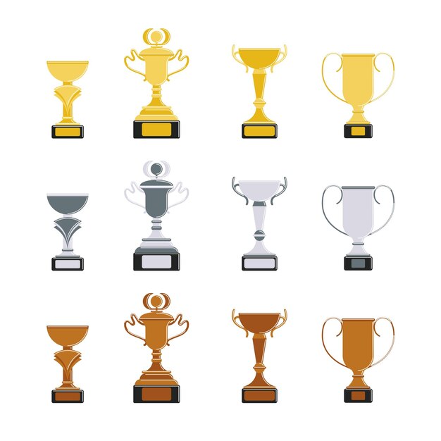 Verschillende kopjes ingesteld op witte achtergrond Gouden zilveren en bronzen trofeeën