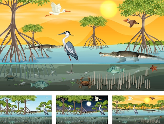 Verschillende mangroveboslandschapsscènes met dieren