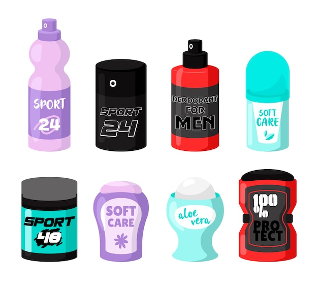 Gratis vector verschillende mannelijke en vrouwelijke deodorants vector illustraties set