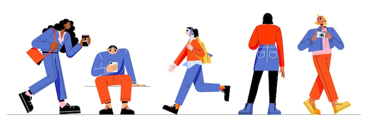 Gratis Vector verschillende mensen lopen nemen foto en staan met rug platte vectorillustratie van zakenvrouw met koffie ga naar baan toerist met camera student meisje in koptelefoon man gebruik mobiele telefoon