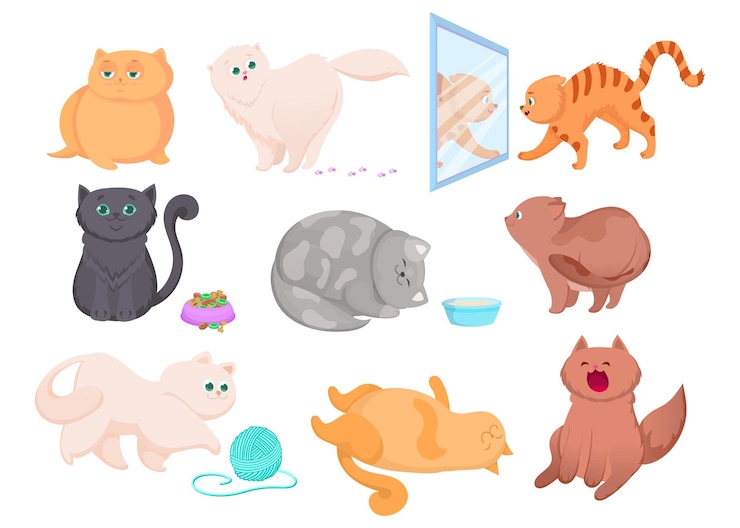 Gratis Vector verschillende rassen van schattige kittens illustraties set