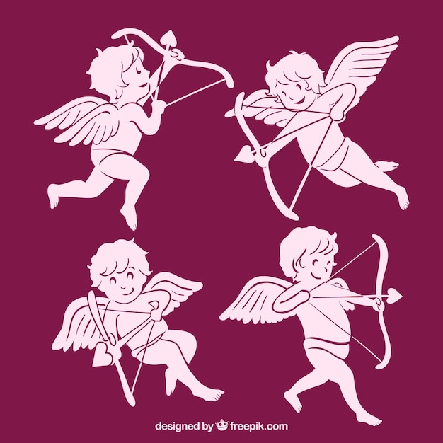 Gratis vector verschillende roze cupido's met pijl en boog