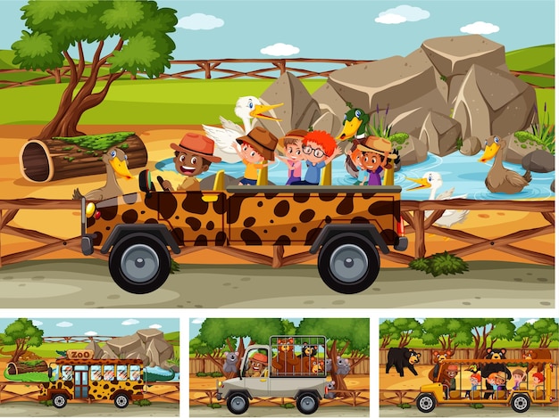 Verschillende safariscènes met dieren en stripfiguren voor kinderen