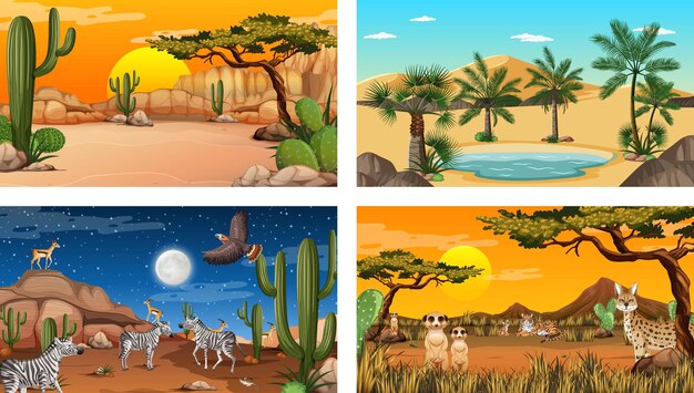 Verschillende scènes met woestijnboslandschap met dieren en planten
